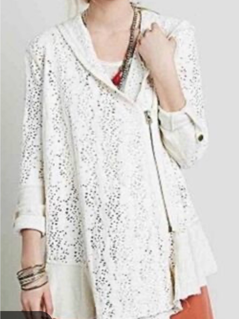 Free People Cream Eyelet Lace Asymmetrical Hooded Jacket Size M pre-owned